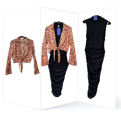 Black Ruched Bodycon Midi Dress, And Peach/Black Prints Top item