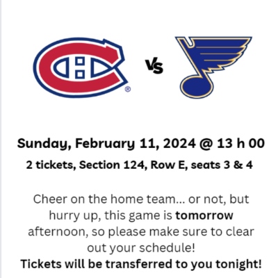 1 Montreal Canadiens vs St-Louis Blues -  Sun, Feb 11, 2024 item