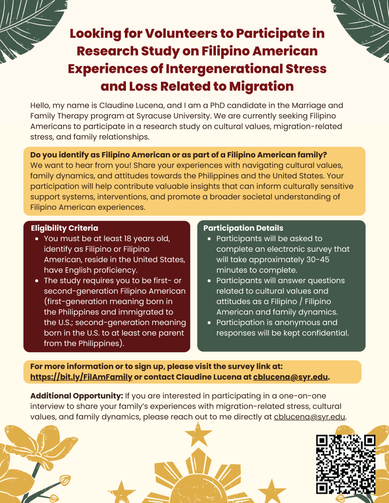Looking for volunteers for a study on Filipino American Experiences