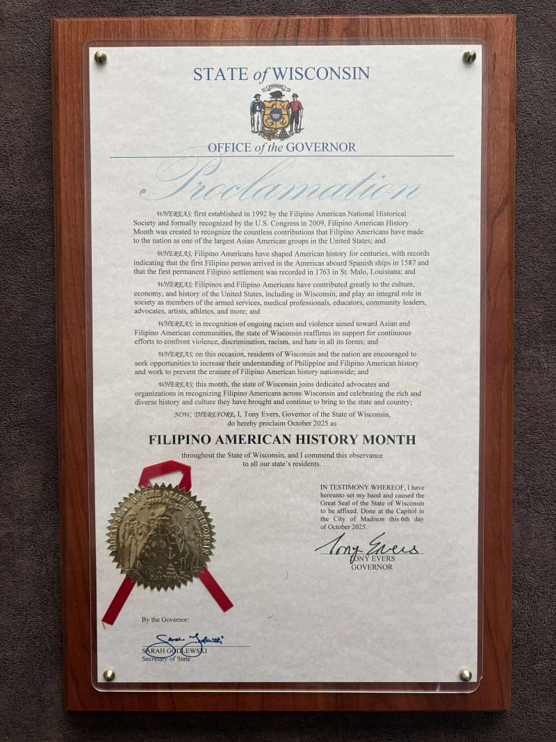 Plaque of Gov. Tony Evers's proclamation declaring October 2025 as Filipino American History Month.