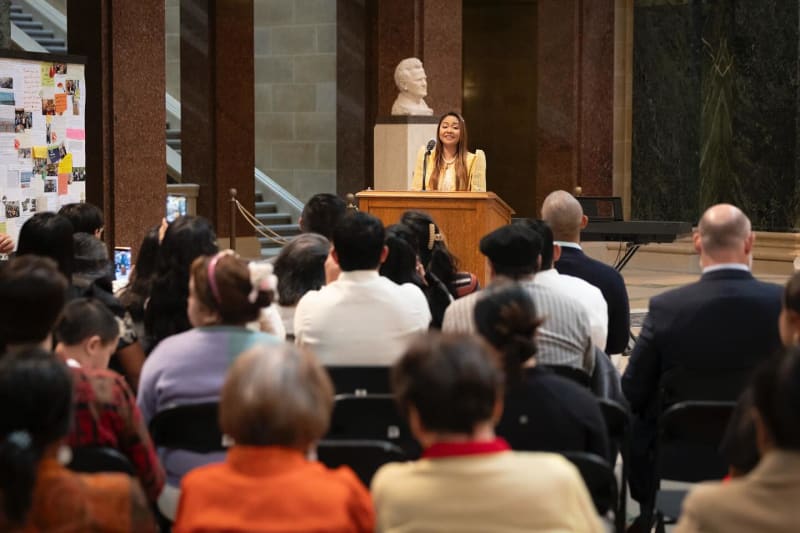 PAMANA Vice President Mary Kerr speaks at the State Capitol.