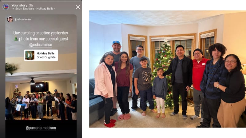 Left: PAMANA's Instagram story reposting Joshua's photo of the PAMANA Carolers; Right: Joshua (fourth from left) with a few members of the PAMANA Carolers.
