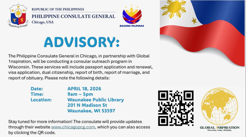 Advisory from the Philippine Consulate General in Chicago for a consular outreach program on April 18 at Waunakee Public Library.
